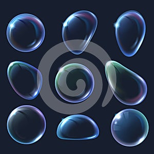 Realistic 3D soap bubble. Soapy bubbles in various shapes, iridescent glossy sphere surface and abstract blob forms isolated