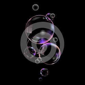 Realistic 3D soap bubbles on a black background.Vector illustration. Transparent glass bubbles