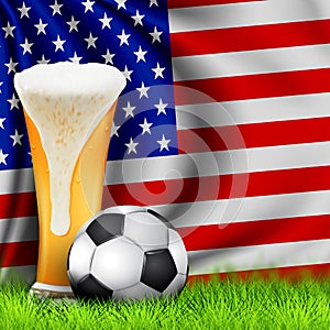 Realistic 3d Soccer ball and Glass of beer on grass with national waving Flag of AMERICA. Design of a stylish background for the