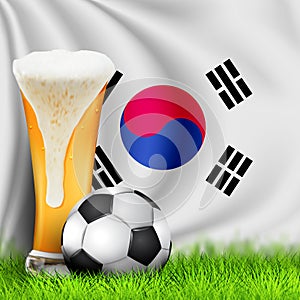 Realistic 3d Soccer ball and Glass of beer on green grass with national waving Flag of SOUTH KOREA. Design of a stylish