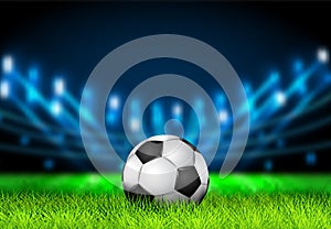 Realistic 3D Soccer ball on the grass football field with bright stadium lights. Football Arena. Vector illustration for