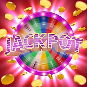 Realistic 3d spinning fortune wheel with flying golden coins. Lucky roulette. Casino concept