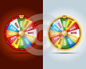 Realistic 3d spinning fortune wheel, lucky roulette illustration.