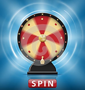 Realistic 3d spinning fortune wheel with Spin button. Wheel of fortune with glowing lamps for online casino