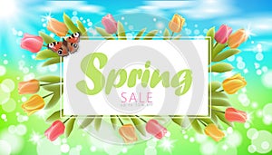 Realistic 3d spring sale script lettering web banner template. Color tulip flowers butterfly grass blue sky blue