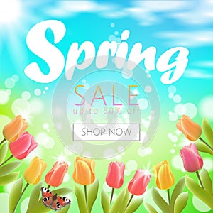 Realistic 3d spring sale script lettering web banner template. Color tulip flowers butterfly grass blue sky blue