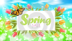 Realistic 3d spring sale script lettering web banner template. Color tulip flowers butterfly grass blue sky blue