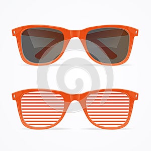 Realistic 3d Sunglasses Striped Red and Black Retro Concept. Vector
