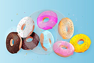 Realistic 3d sweet tasty donut background. Can be used for dessert menu  poster  card. Vector illustration EPS10