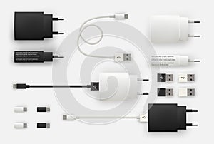 Realistic 3D USB micro cables, connectors, sockets and plug