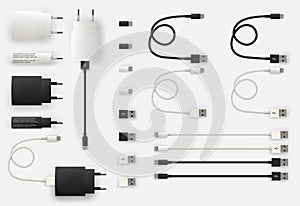 Realistic 3D USB micro cables, connectors, sockets and plug