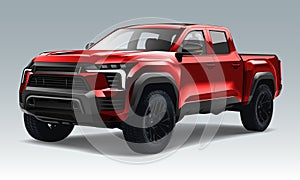 Realistic 3D vector red pickup four doors black wheels on grey background Illustration