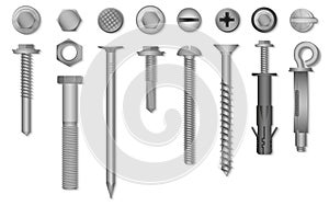 Realistic 3d vector screws, nuts, bolts, rivets and nails for fastening and fixing.