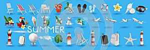 Realistic 3D vector summer holidays symbols objects set. Summer vacation, beach party realistic 3d objects isolated