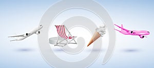 Realistic 3D vector summer holidays symbols objects set. Vacation realistic icons airplane, beach chair, ice cream