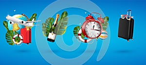 Realistic 3D vector summer holidays symbols objects set. Vacation realistic icons airplane, globe, suitcase, wine bottle