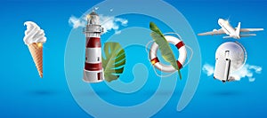 Realistic 3D vector summer holidays symbols objects set. Vacation realistic icons set with tropical leaves, lifebuoy