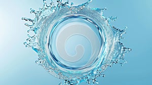 Realistic 3D water circle splash with a swirl in the ring flow. Blue mineral stream graphic design featuring motion