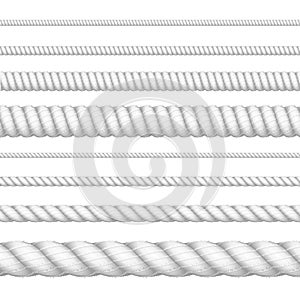 Realistic 3d White Detailed Thickness Rope Line Set. Vector