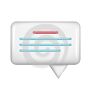 Realistic 3d white speech bubble, message button, chat box with talk speech notification. Glossy 3d element, dialogue icon, speak