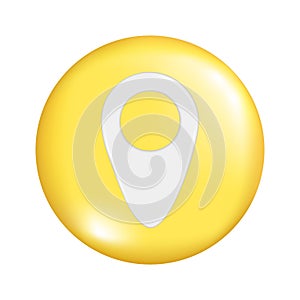 Realistic 3d yellow round sphere shape with location map pin gps pointer marker sign. Circle button icon, spherical symbol element