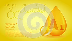 Realistic A1 Retinoic acid Vitamin drop with structural chemical formula. 3D Vitamin molecule A1 Retinoic acid design