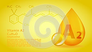 Realistic A2 Dehydroretinol Vitamin drop with structural chemical formula. 3D Vitamin molecule A2 Dehydroretinol design