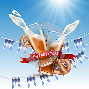 Realistic advertisement template splash of foam and beer from a glass cup, Bretzel, Bavarian flag, national German