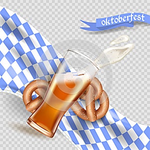 Realistic advertisement template splash of foam and beer from a glass cup, Bretzel, Bavarian flag, national German