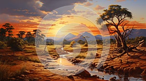 Realistic African Landscape Painting At Sunset