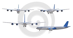 Realistic aircraft. Passenger airplanes in different views. 3d jet plane airliner isolated 3d illustration