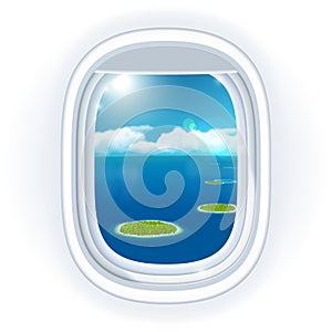 Realistic aircraft porthole (window) with blue sea or ocean in it and small tropical islands.