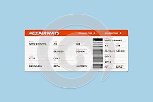 Realistic airline flight ticket boarding pass design template with first class passenger name and barcode. Air travel by