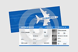 Realistic airline ticket boarding pass design template with passenger name and barcode. Air travel by airplane blue