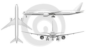 Realistic airplane. Aircraft plane view landing on runway or flying. White 3d airplane isolated illustration