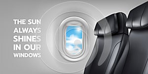 Realistic airplane window. Travel in plane banner. Jet flight. Cabin interior. Sky clouds. Air passenger view. Porthole