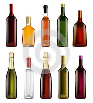 Realistic alcohol bottle isolated set on white