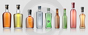 Realistic alcohol bottles. Transparent glass containers for whiskey, tequila, vermouth and other alcoholic beverages