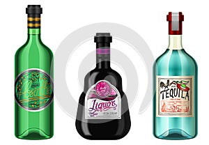Realistic alcohol drinks in a bottle with different vintage labels. Absent Liqueur Tequila. Vector illustration.