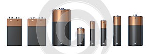 Realistic alkaline battery sizes aa, aaa and d. Batteries types. Chemical electric power source in metal cylinder. 3d