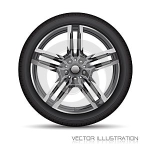 Realistic allow car wheel silver grey star shape with black tire on white background design sport vector