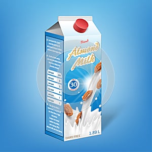 Realistic almond milk carton package. Milk package design isolated template for vegan natural meal. Dairy product for