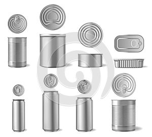 Realistic aluminium can. Beverages and canned food cans, metal packaging different shapes front and top view 3D vector