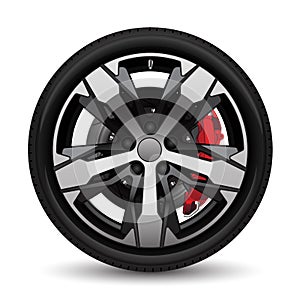 Realistic aluminum wheel car tire style racing grey disk break on white background vector