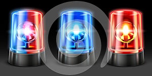 Realistic ambulance flashing. Police light flasher, safety lights and warning siren flashing lamps. Emergency light 3D vector set