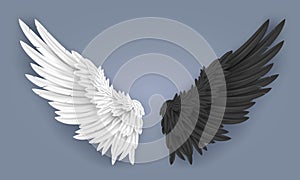 Realistic angel and demon wings. White dove wing with angelic nimbus, devil horns with pair of black wings and falling