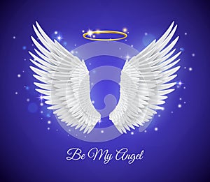 Realistic angel wings. 3d white feathers with golden ring nimbus, pure soul card, beautiful fly objects, freedom and
