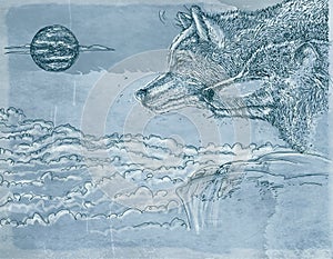 Realistic animal ,two wolves howling at the moon