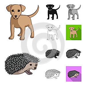 Realistic animals cartoon, black, flat, monochrome, outline icons in set collection for design. Wild and domestic animals