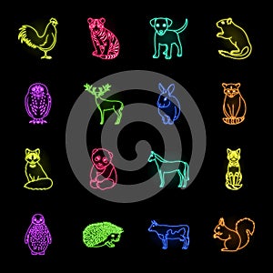 Realistic animals neon icons in set collection for design. Wild and domestic animals vector symbol stock web
